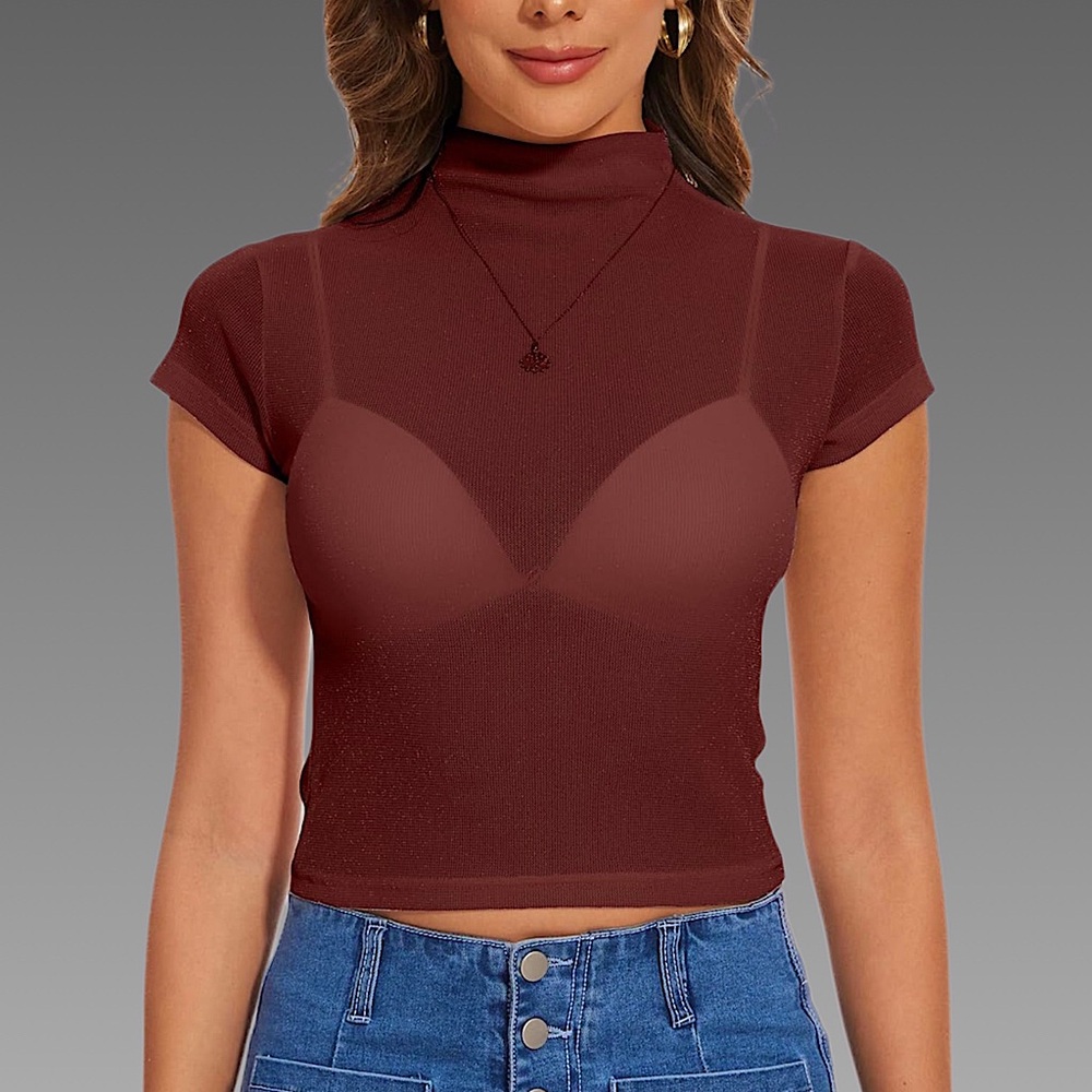 NWT Sparkly‎ Maroon See-Through Mock Neck Crop Tshirt Sz small